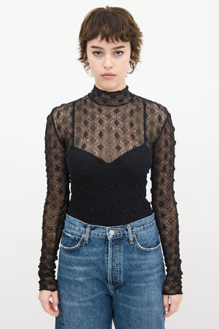 Isabel Marant Black Puckered Mesh Mock Neck Top