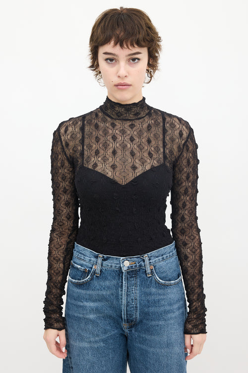 Isabel Marant Black Puckered Mesh Mock Neck Top