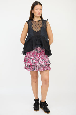 Isabel Marant Black Silk Floral Embroidered Ruffled Top