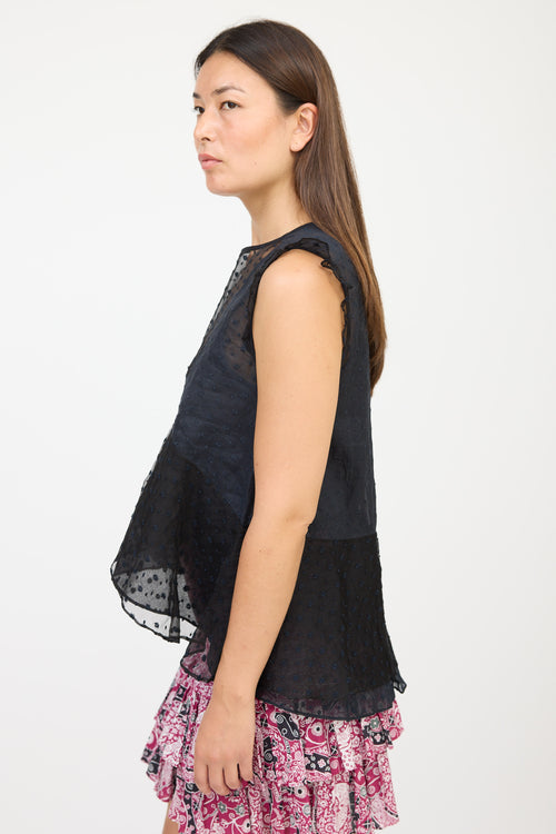 Isabel Marant Black Silk Floral Embroidered Ruffled Top