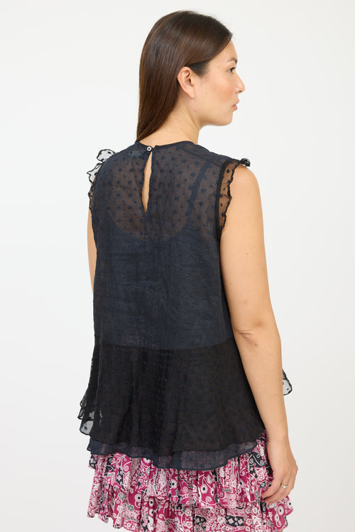 Isabel Marant Black Silk Floral Embroidered Ruffled Top