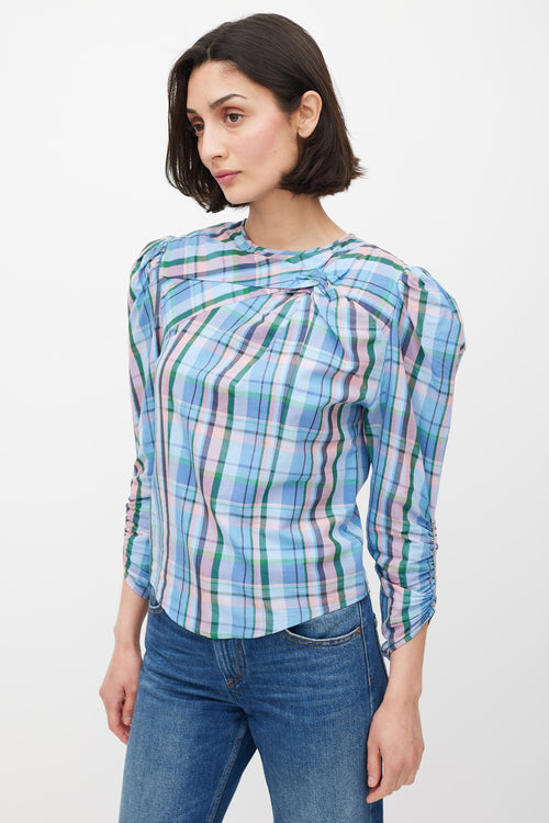 Isabel Marant Blue 
Multicolour Plaid Gathered Top