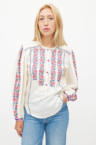 Isabel Marant Cream 
Multicolour Silk Embroidered Top