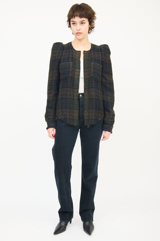 Isabel Marant Dark Green Linen 
Wool Puff Sleeve Plaid Shirt