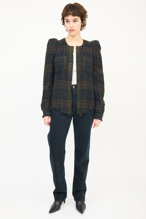 Isabel Marant Dark Green Linen 
Wool Puff Sleeve Plaid Shirt