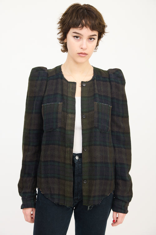 Isabel Marant Dark Green Linen 
Wool Puff Sleeve Plaid Shirt