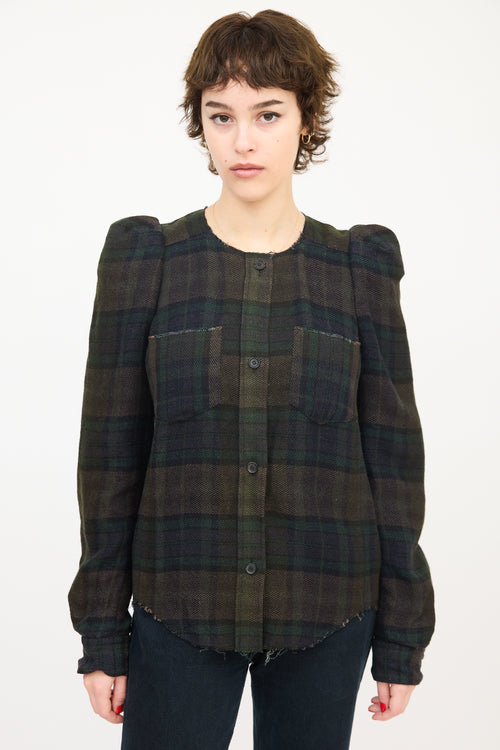 Isabel Marant Dark Green Linen 
Wool Puff Sleeve Plaid Shirt