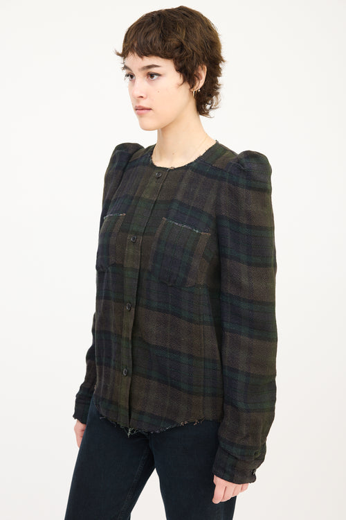 Isabel Marant Dark Green Linen 
Wool Puff Sleeve Plaid Shirt