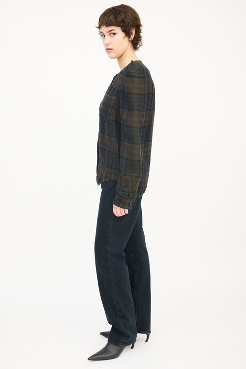 Isabel Marant Dark Green Linen 
Wool Puff Sleeve Plaid Shirt