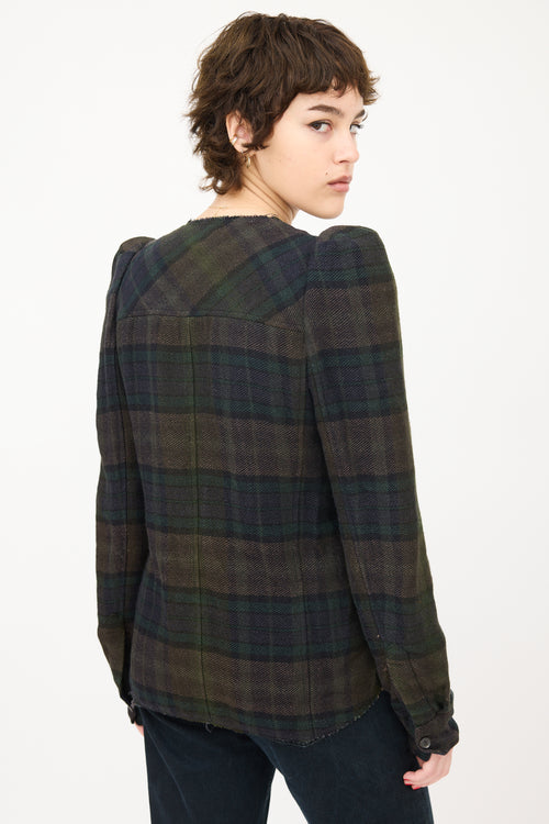 Isabel Marant Dark Green Linen 
Wool Puff Sleeve Plaid Shirt