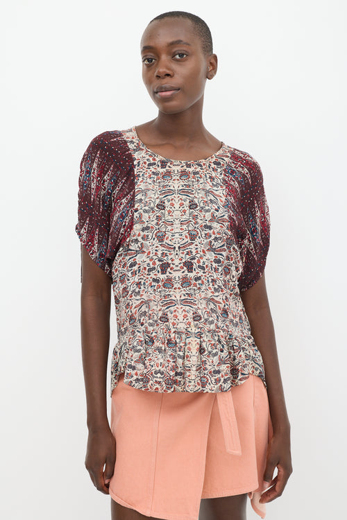 Isabel Marant Étoile Beige 
Burgundy Silk Floral Contrast Sleeve Top