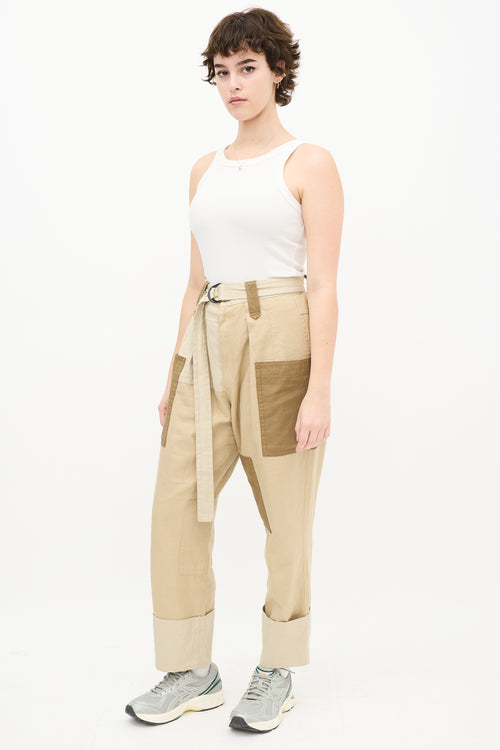 Beige Panelled Cropped Trouser