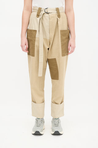 Beige Panelled Cropped Trouser