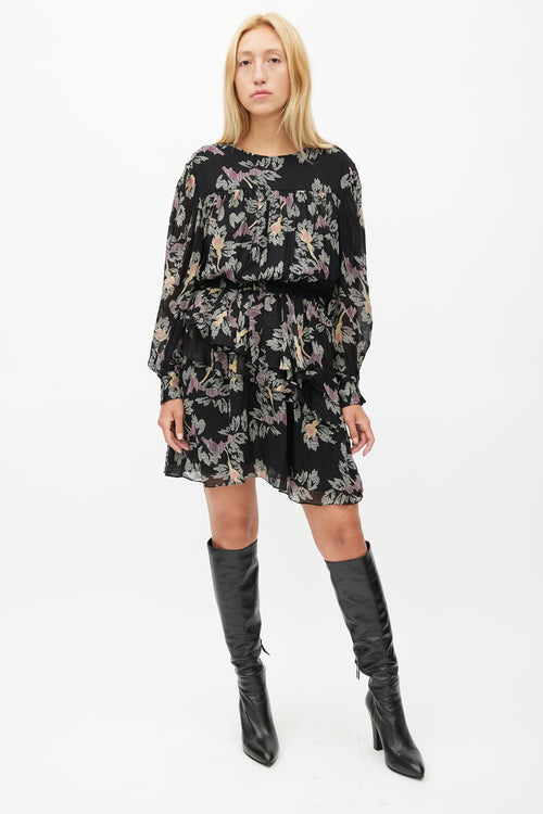 Isabel Marant Étoile Black 
Multicolour Floral Ruffled Dress