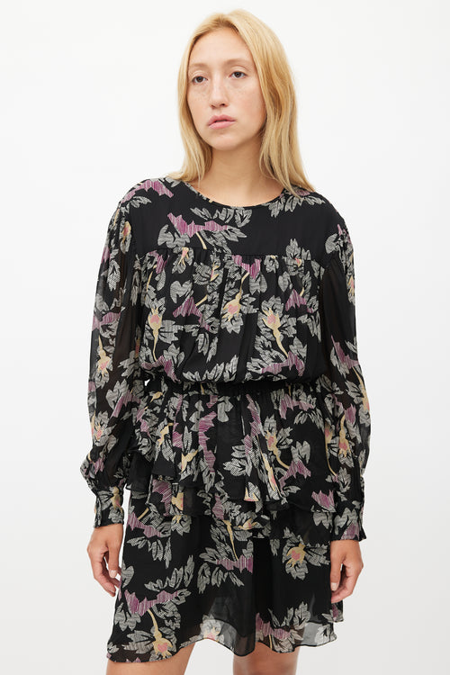 Isabel Marant Étoile Black 
Multicolour Floral Ruffled Dress