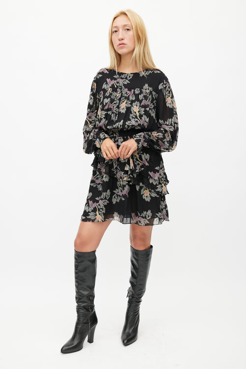 Isabel Marant Étoile Black 
Multicolour Floral Ruffled Dress