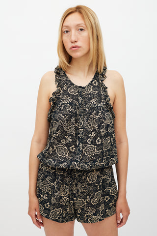 Isabel Marant Étoile Black 
Beige Floral Ruffled Trim Romper