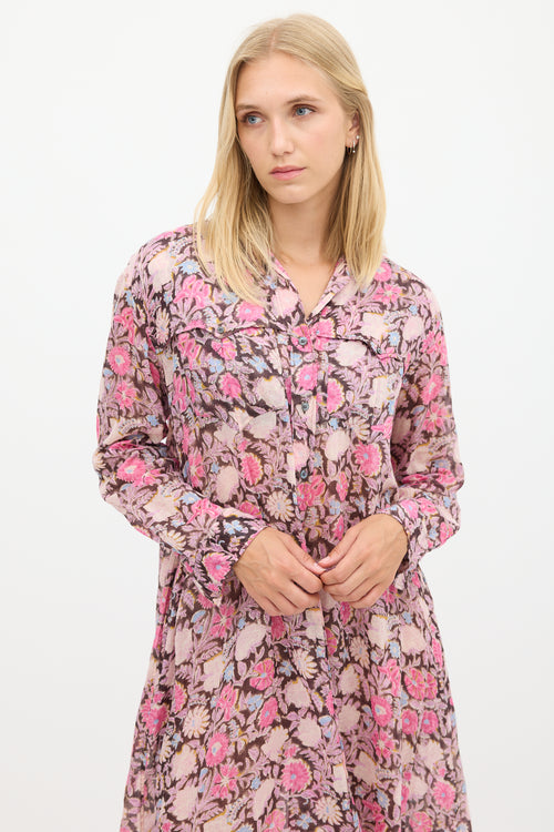 Isabel Marant Étoile Black 
Pink Floral Shirt Dress