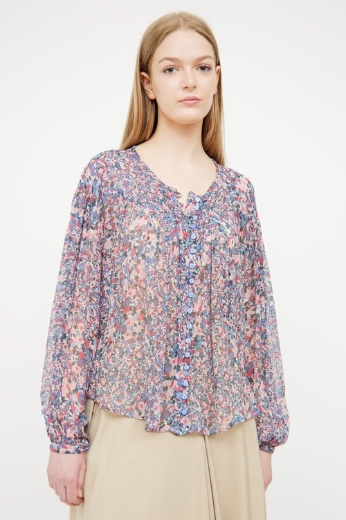 Isabel Marant Blue 
Pink Silk Floral Blouse