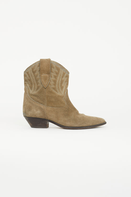 Isabel Marant Étoile Green Dallin Suede Embroidered Western Boot