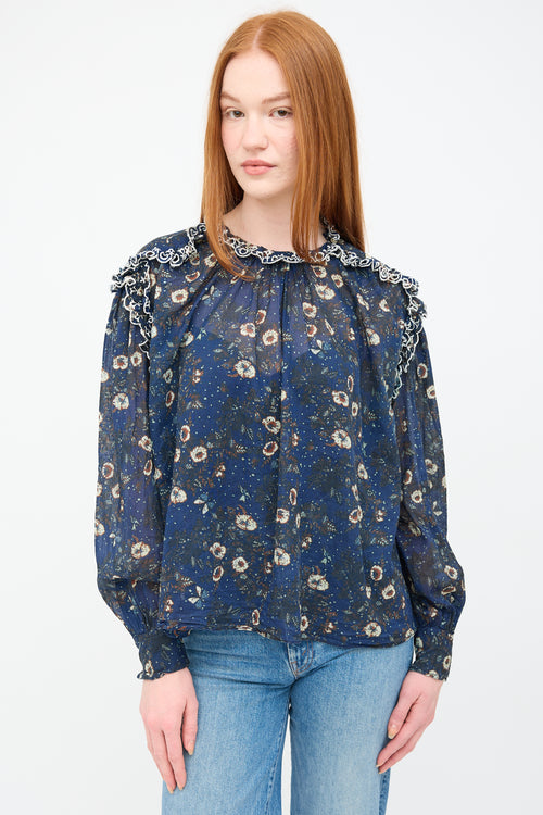 Isabel Marant Étoile Navy 
Multi Floral Lace Trim Blouse