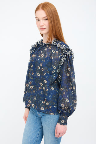 Isabel Marant Étoile Navy 
Multi Floral Lace Trim Blouse