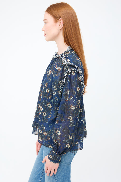 Isabel Marant Étoile Navy 
Multi Floral Lace Trim Blouse