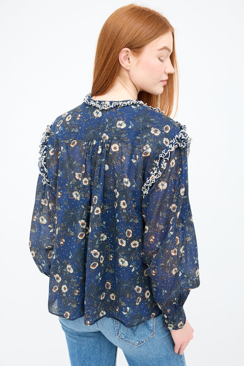 Isabel Marant Étoile Navy 
Multi Floral Lace Trim Blouse