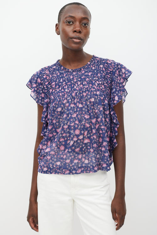 Isabel Marant Étoile Navy 
Multicolour Floral Pleated Top