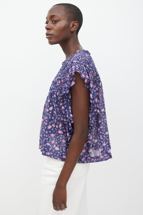 Isabel Marant Étoile Navy 
Multicolour Floral Pleated Top