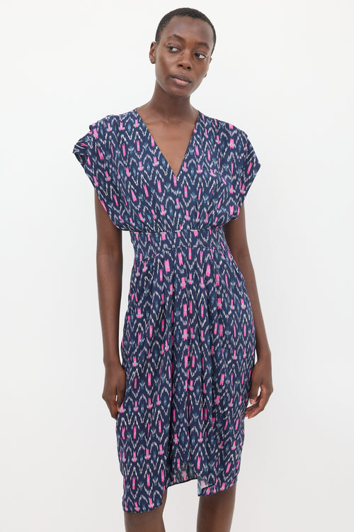 Isabel Marant Étoile Navy 
Pink Almeya Printed V-Neck  Dress