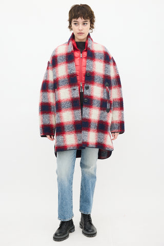 Isabel Marant Étoile Red 
Multi Wool Plaid Mid Length Coat