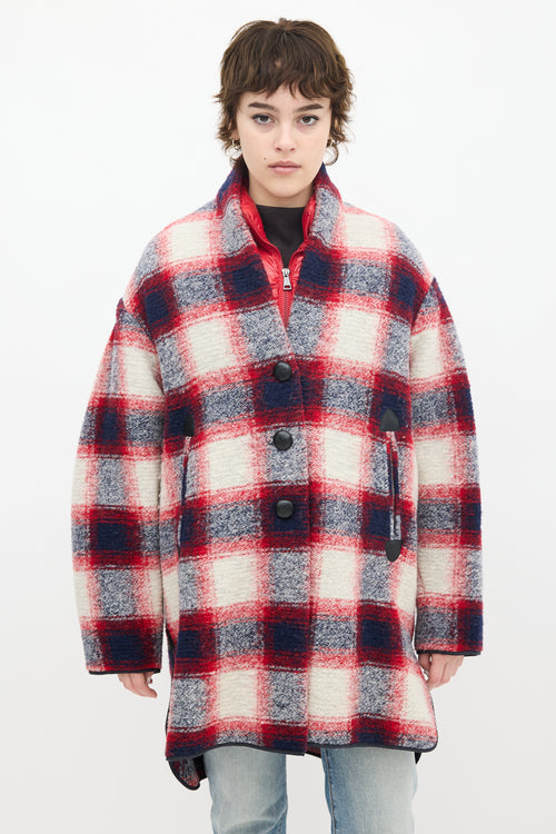 Isabel Marant Étoile Red 
Multi Wool Plaid Mid Length Coat