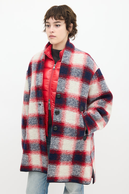 Isabel Marant Étoile Red 
Multi Wool Plaid Mid Length Coat