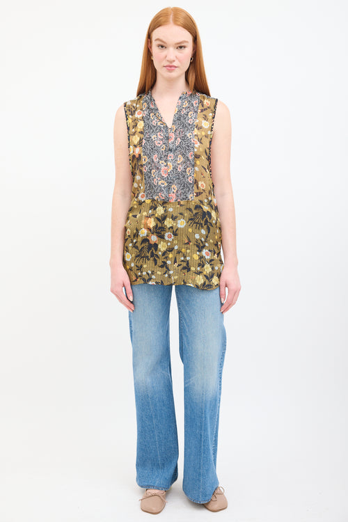 Isabel Marant Green 
Multi Silk Floral Sleeveless Blouse