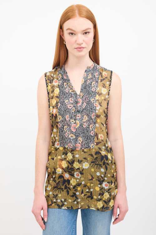 Isabel Marant Green 
Multi Silk Floral Sleeveless Blouse