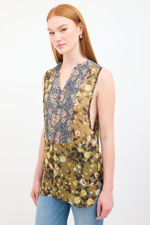 Isabel Marant Green 
Multi Silk Floral Sleeveless Blouse