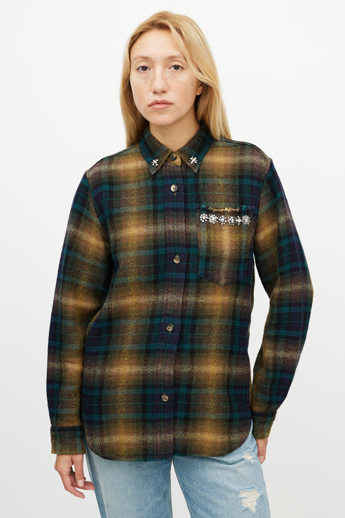 Isabel Marant Beige 
Green Wool Plaid Jewel Shirt