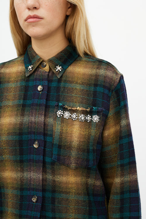 Isabel Marant Beige 
Green Wool Plaid Jewel Shirt