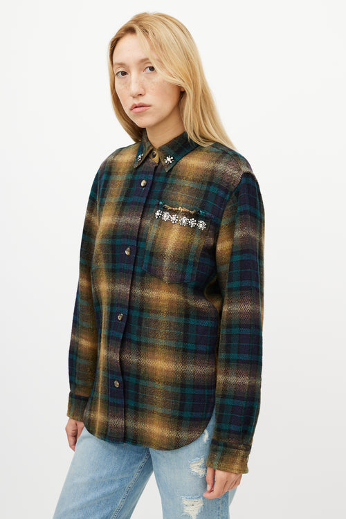 Isabel Marant Beige 
Green Wool Plaid Jewel Shirt