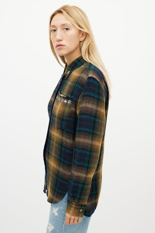 Isabel Marant Beige 
Green Wool Plaid Jewel Shirt