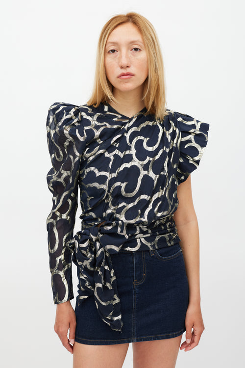 Isabel Marant Navy 
Gold Metallic Asymmetrical Top