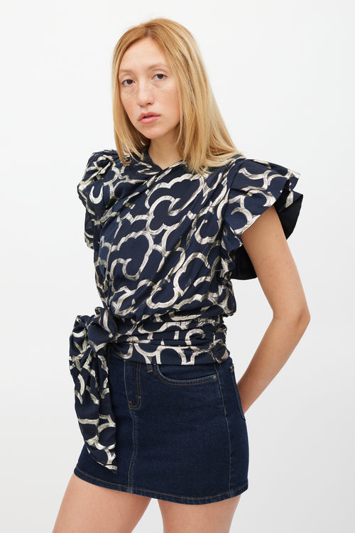 Isabel Marant Navy 
Gold Metallic Asymmetrical Top