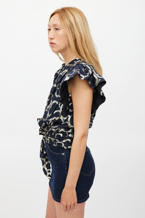 Isabel Marant Navy 
Gold Metallic Asymmetrical Top