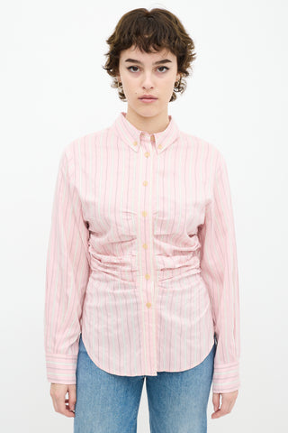 Pink 
White Silk Striped Pleated Shirt