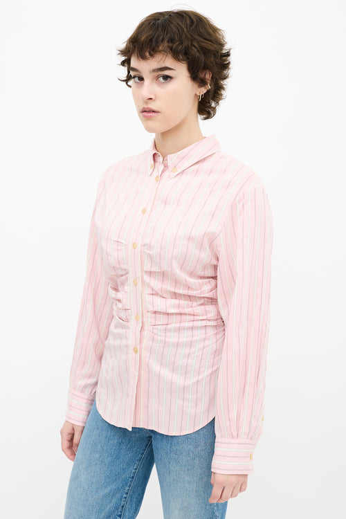 Pink 
White Silk Striped Pleated Shirt