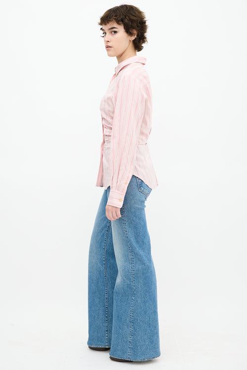 Pink 
White Silk Striped Pleated Shirt