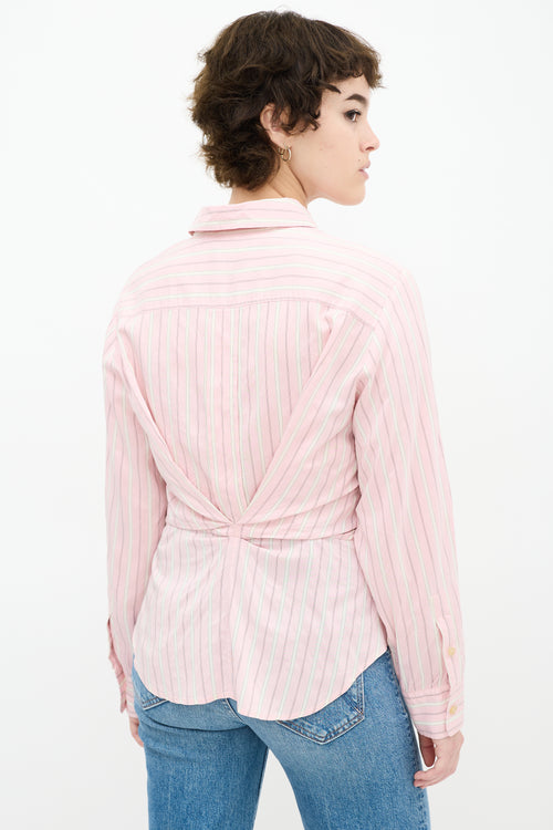 Pink 
White Silk Striped Pleated Shirt