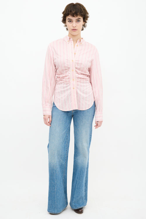 Pink 
White Silk Striped Pleated Shirt