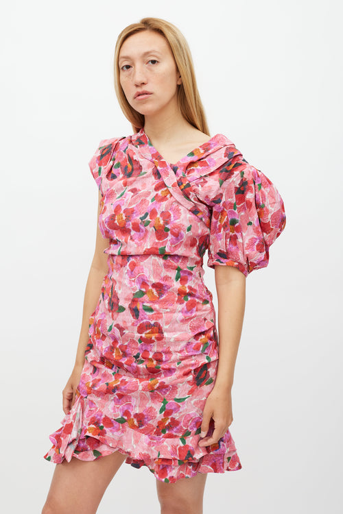 Isabel Marant Red 
Pink Floral Manadio Asymmetrical Dress